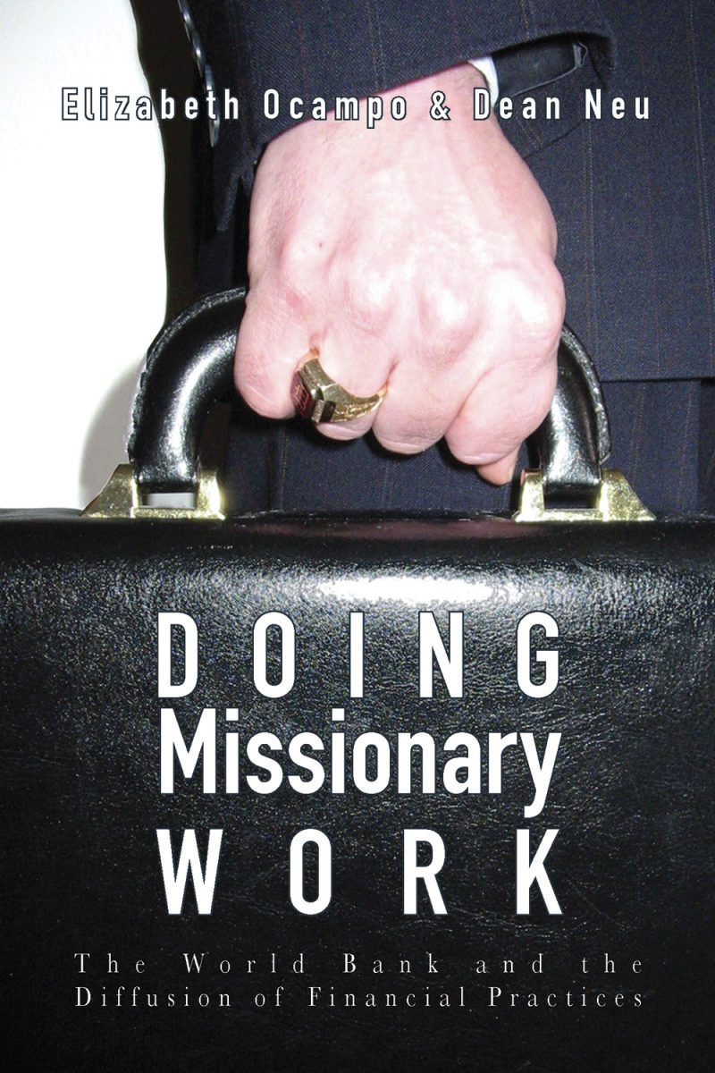 Book cover "Doing Missionary Work" by Elizabeth Ocampo & Dean Neu, showing a hand holding a black briefcase.