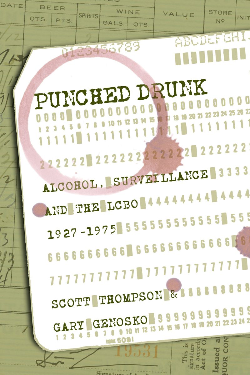Book cover for "Punched Drunk: Alcohol, Surveillance and the LCBO 1927-1975" by Scott Thompson and Gary Gehosko, displayed on vintage ledger paper.