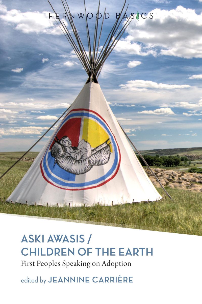 Tipi with painted eagle emblem against prairie landscape and cloudy sky, book cover for "Aski Awasis / Children of the Earth"