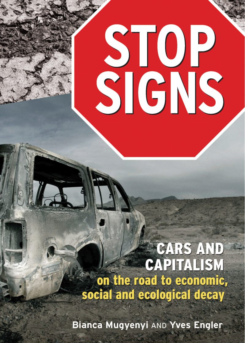 Book cover titled "Stop Signs: Cars and Capitalism" featuring a burnt-out vehicle in a desert landscape with gray sky.