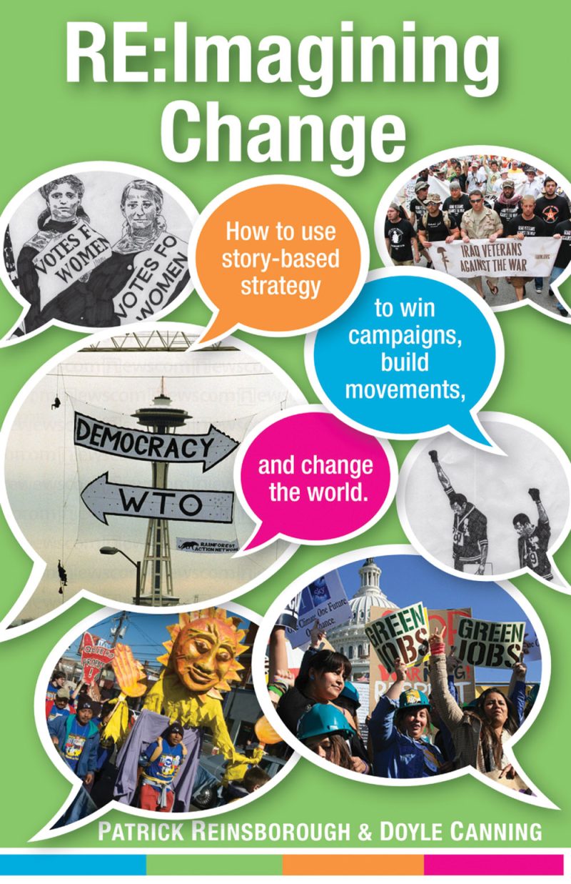 Book cover for "RE:Imagining Change" showing protest photos and speech bubbles discussing story-based strategy for social movements.