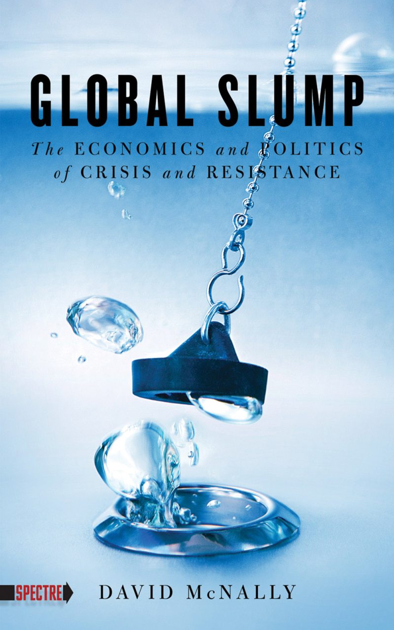 Book cover for "Global Slump" by David McNally featuring a chain and anchor sinking in water against a blue sky background.