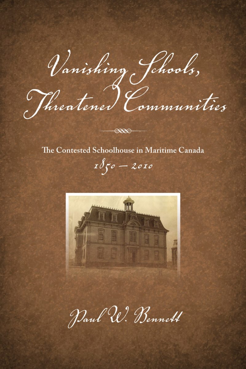 Book cover with brown textured background, title in script font, and sepia-toned image of a Victorian-era schoolhouse building.