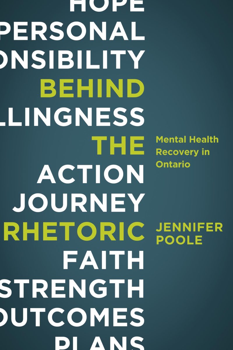 Book cover for "The Action Journey: Mental Health Recovery in Ontario" by Jennifer Poole, featuring key concepts in white and yellow text on a dark teal background.