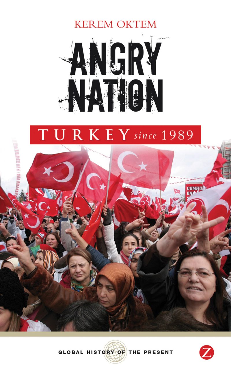 Book cover for "Angry Nation" by Kerem Oktem showing Turkish flags and a crowd of people at a rally or demonstration.