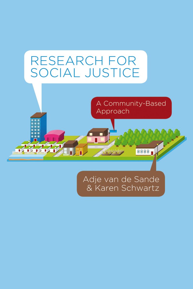Research for Social Justice book cover featuring a community landscape with buildings, gardens, and text by Adie van de Sande and Karen Schwartz.