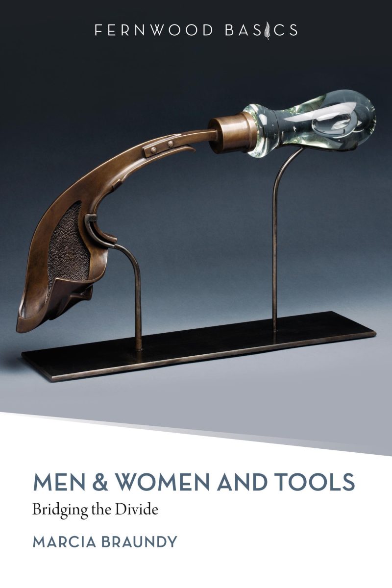 Wooden curved tool with glass knob mounted on black display stand against dark background, book cover for "Men & Women and Tools" by Marcia Braundy.
