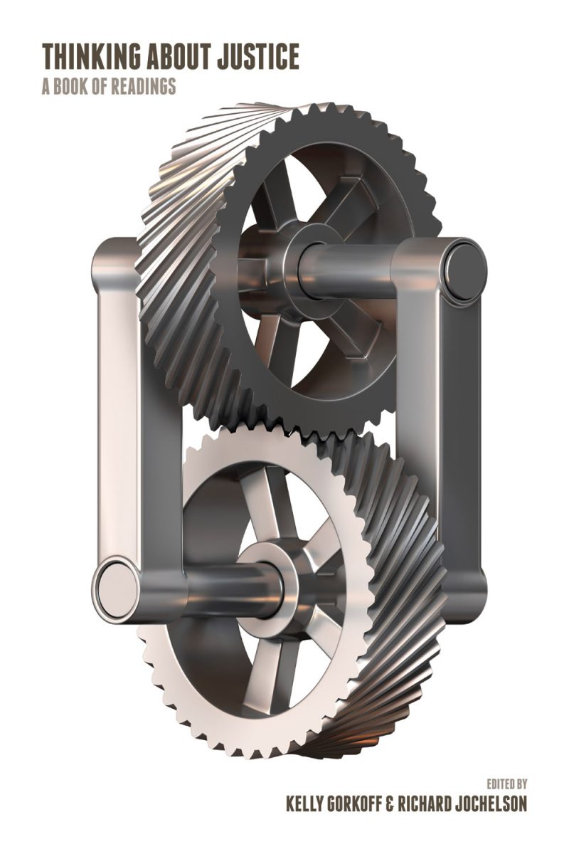 Book cover featuring interlocking gears and mechanical parts in metallic tones, titled "Thinking About Justice: A Book of Readings."