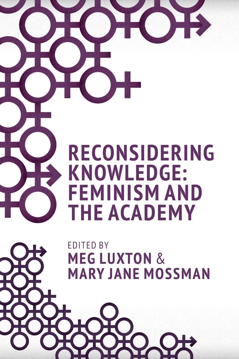 Book cover titled "Reconsidering Knowledge: Feminism and the Academy" edited by Meg Luxton and Mary Jane Mossman, featuring purple geometric pattern.