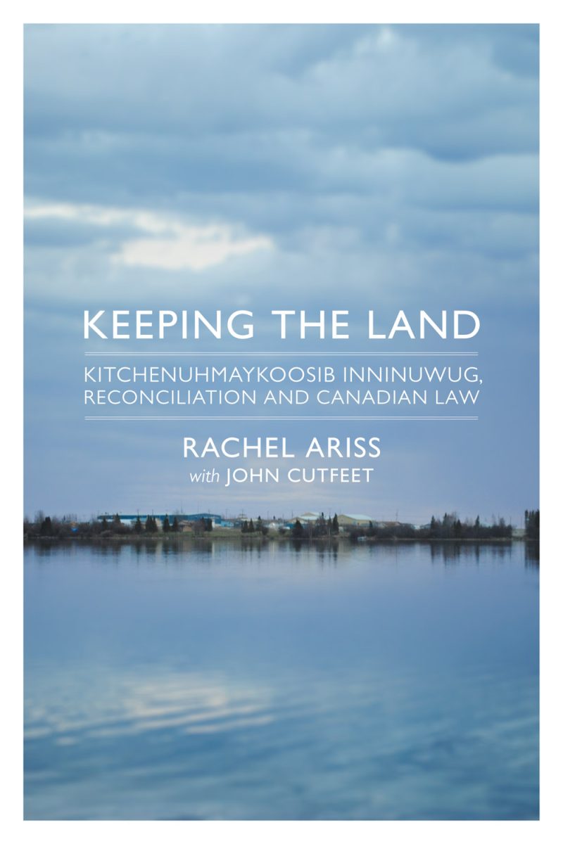 Book cover for "Keeping the Land" by Rachel Ariss with John Cutfeet, featuring a calm lake reflecting cloudy sky and distant treeline.