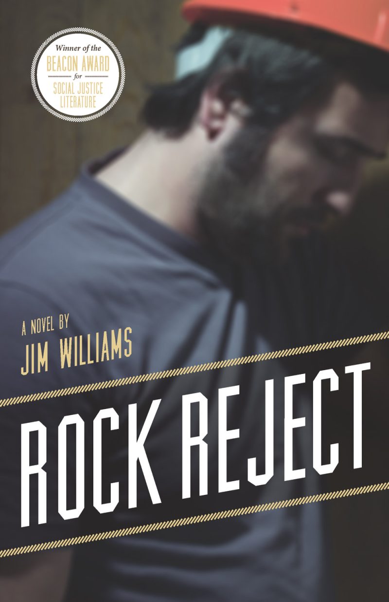 Book cover for "Rock Reject" by Jim Williams, winner of the Beacon Award for Social Justice Literature, featuring a blurred figure in a blue shirt and red cap.
