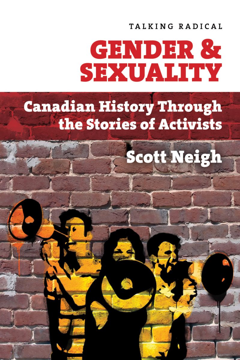 Book cover for "Talking Radical: Gender & Sexuality" by Scott Neigh featuring silhouettes of activists on a brick wall background.