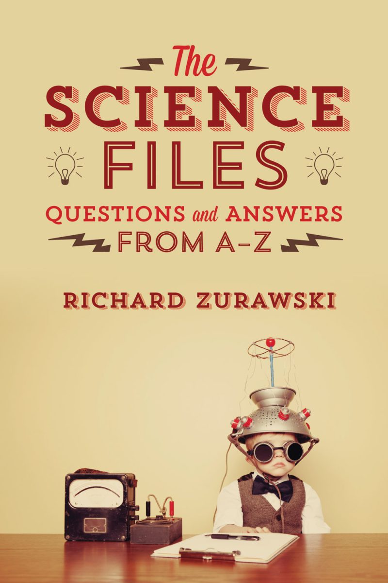 Book cover for "The Science Files: Questions and Answers from A-Z" by Richard Zurawski featuring a young scientist figure with goggles and vintage lab equipment.