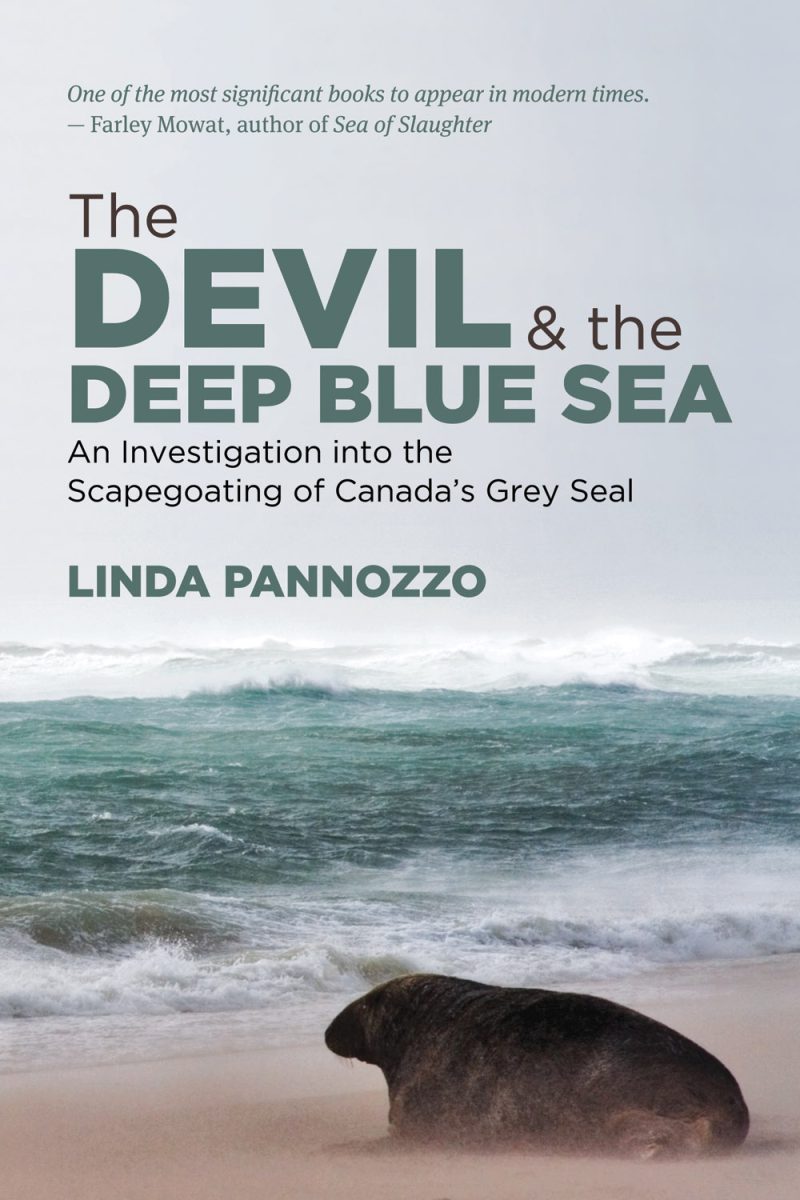 Book cover for "The Devil & the Deep Blue Sea" by Linda Pannozzo, featuring a seal on a beach with ocean waves.