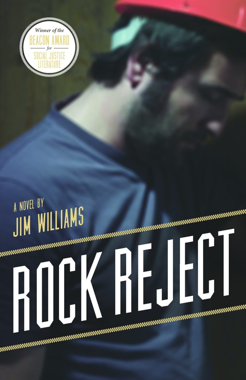 Book cover for "Rock Reject" by Jim Williams, winner of the Beacon Award for Social Justice Literature, featuring a person wearing a red cap and blue shirt.