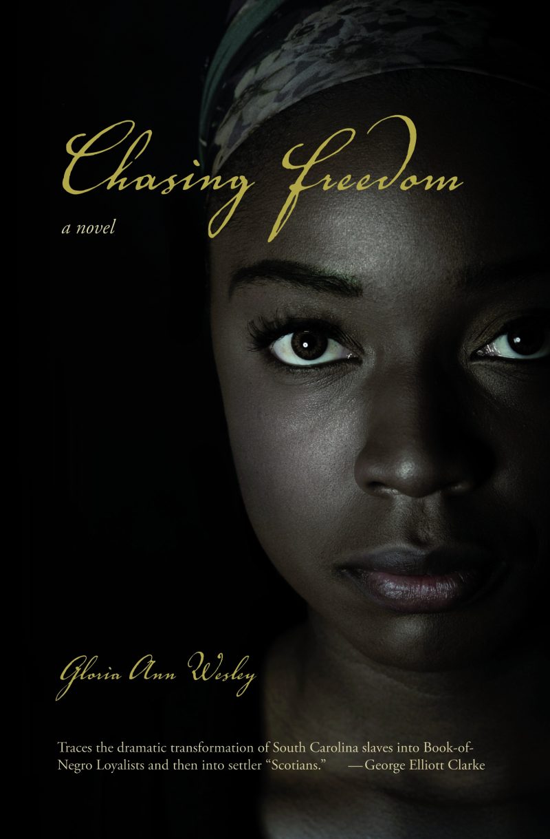 Book cover for "Chasing Freedom" by Gloria Ann Wesley featuring a close-up portrait of a person's face against a dark background with gold lettering.