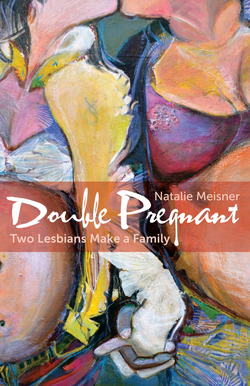 Book cover for "Double Pregnant" by Natalie Meisner featuring colorful abstract artwork with organic shapes in yellows, pinks, and blues.