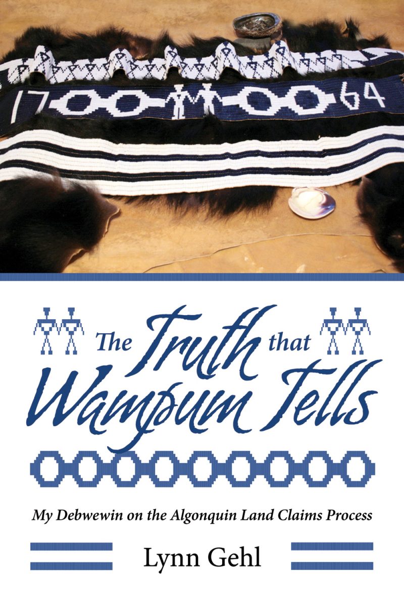 Book cover "The Truth that Wampum Tells" by Lynn Gehl, featuring Indigenous beaded textile with geometric patterns and wampum belt designs.