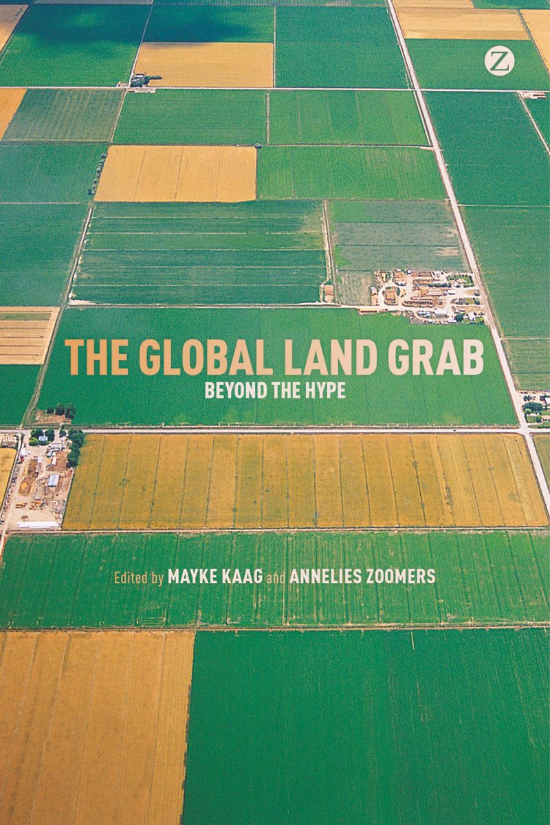 Aerial view of agricultural fields with book cover "The Global Land Grab: Beyond the Hype" edited by Mayke Kaag and Annelies Zoomers overlaid.