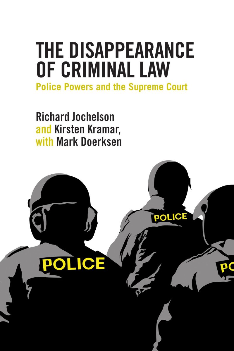 Book cover showing silhouettes of police officers with "POLICE" visible on uniforms, title "The Disappearance of Criminal Law" about police powers and the Supreme Court.