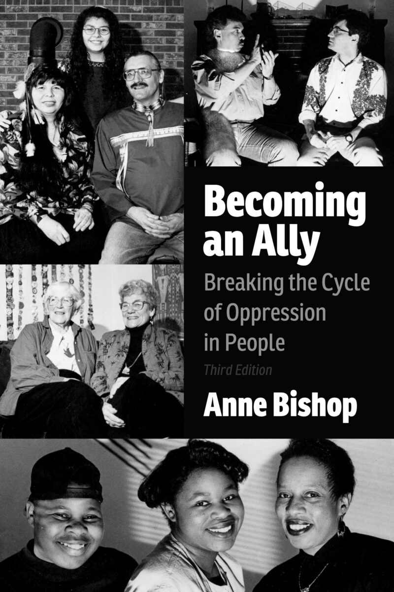 Book cover for "Becoming an Ally" by Anne Bishop showing black and white photographs of diverse groups of people arranged in four panels.