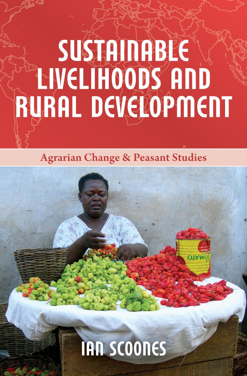 Vendor displays fresh red and green peppers at market table, book cover for "Sustainable Livelihoods and Rural Development" by Ian Scoones.