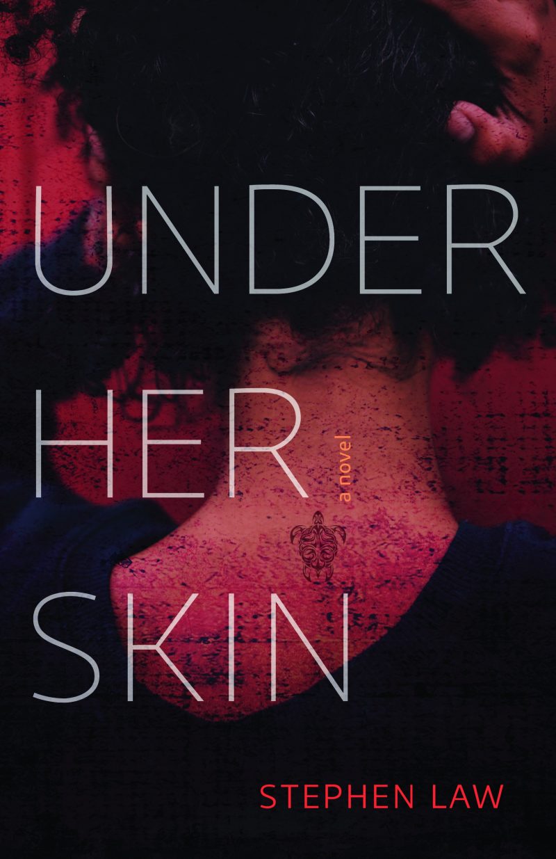 Book cover for "Under Her Skin" by Stephen Law featuring red and dark tones with a person's face partially visible.