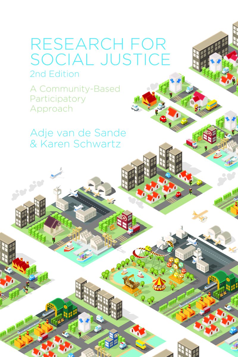 Book cover for "Research for Social Justice" 2nd Edition featuring isometric illustrations of diverse community neighborhoods and urban spaces.