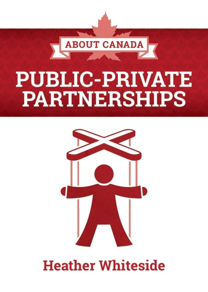 Canadian maple leaf header with "About Canada: Public-Private Partnerships" title and stylized figure graphic by Heather Whiteside.