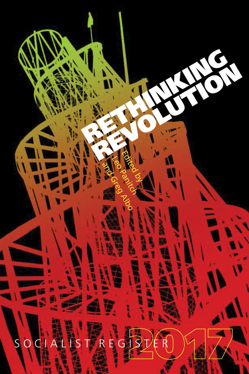 Rethinking Revolution poster with geometric wireframe head design in yellow, orange and red on black background, Socialist Register 2017.