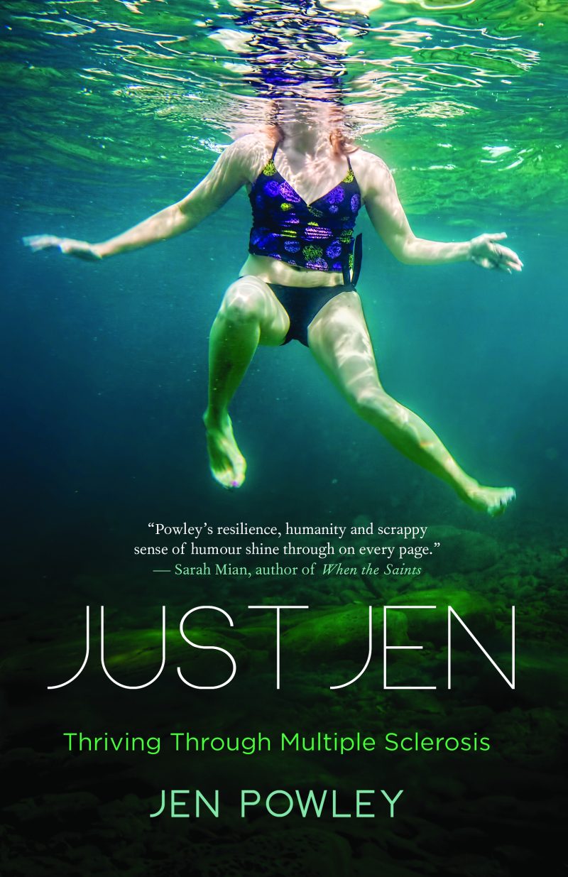 Person snorkeling underwater in green water wearing a purple swim top, arms outstretched, book cover for "Just Jen: Thriving Through Multiple Sclerosis" by Jen Powley.