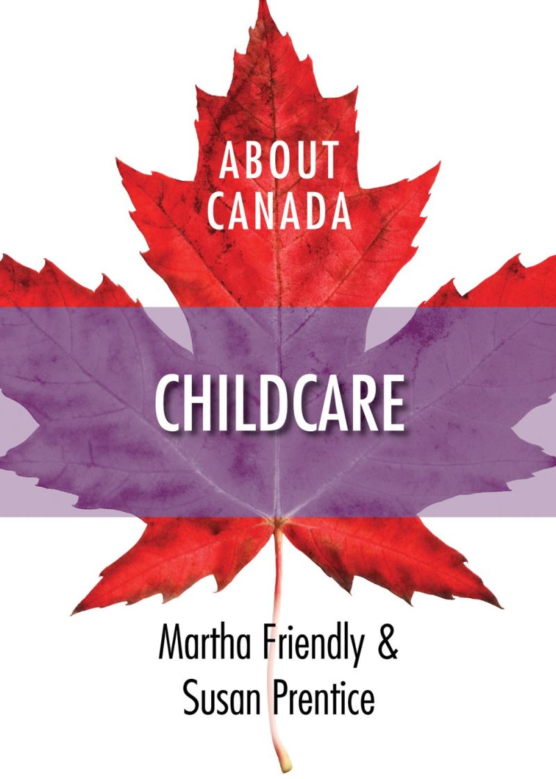 Book cover for "About Canada: Childcare" by Martha Friendly and Susan Prentice, featuring a stylized maple leaf with red and purple sections.