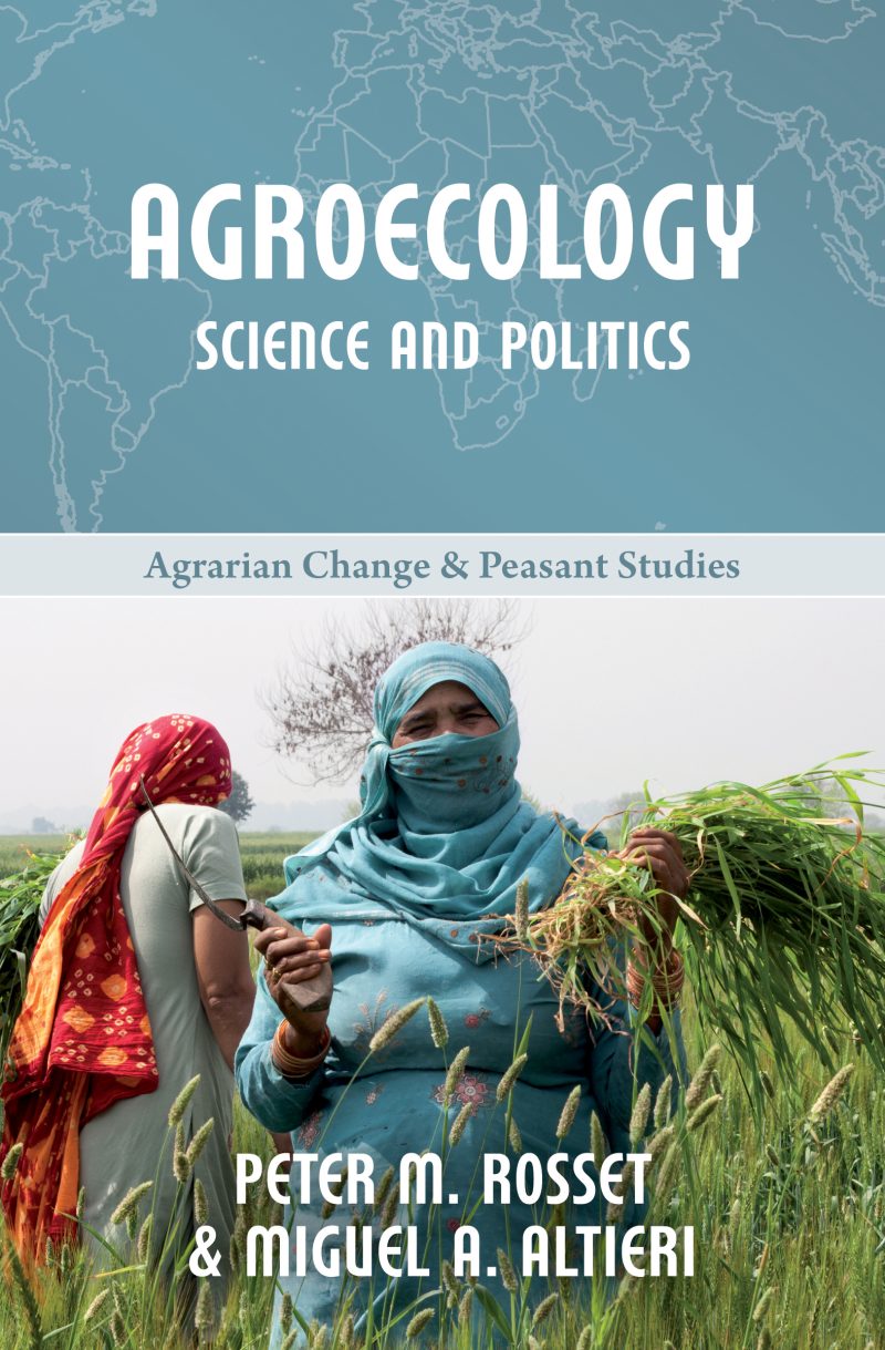 Book cover for "Agroecology: Science and Politics" featuring a person in a blue headscarf holding grain stalks in a crop field.