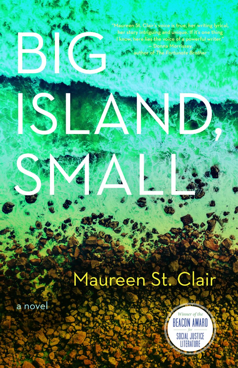 Book cover for "Big Island, Small" by Maureen St. Clair featuring an aerial view of a tropical coastline with turquoise water and dark volcanic rock formations.