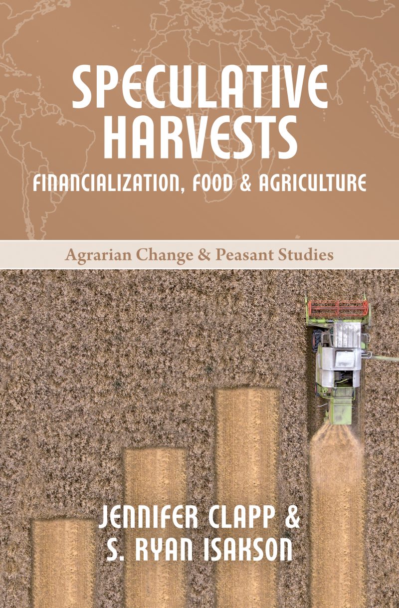 Book cover for "Speculative Harvests" showing aerial view of agricultural fields with a harvester machine visible on tan-colored textured background.