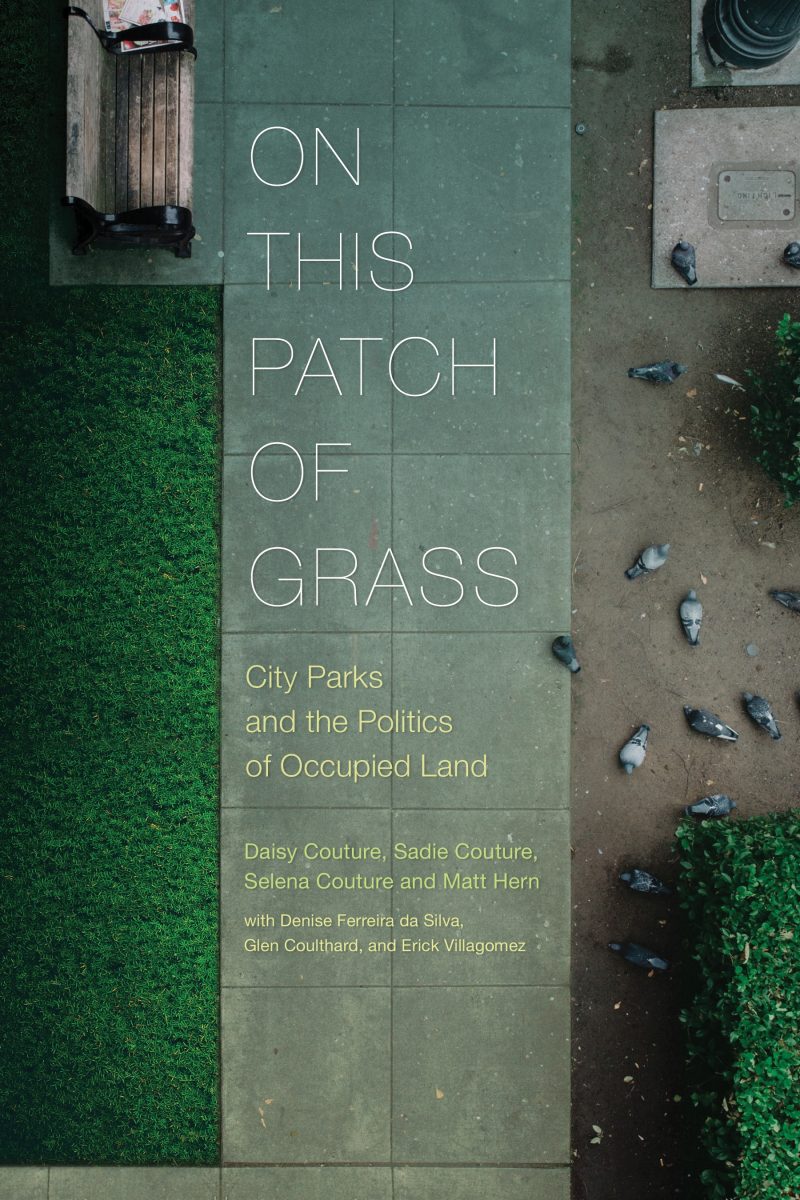 Book cover for "On This Patch of Grass" showing aerial view of park with grass, pavement, and people.