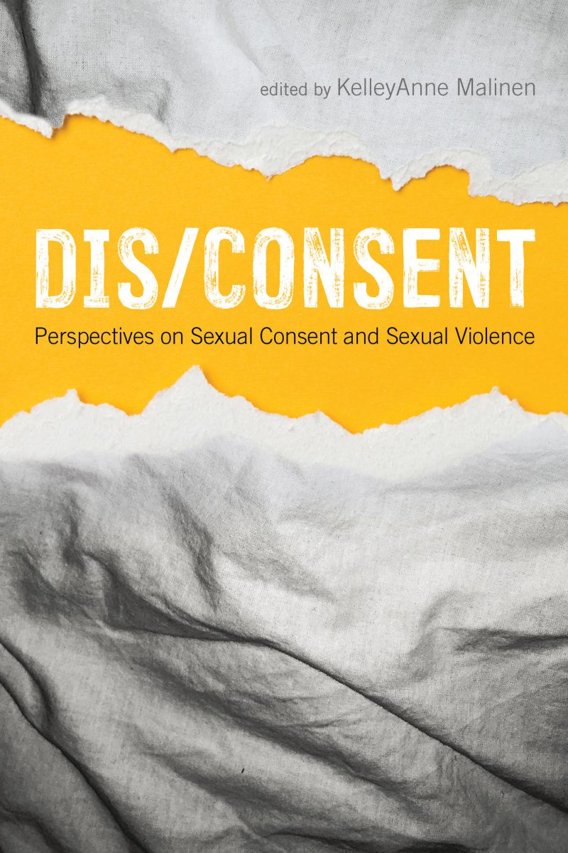 Book cover titled "Dis/Consent" edited by KelleyAnne Malinen, with yellow band across crumpled white fabric background.