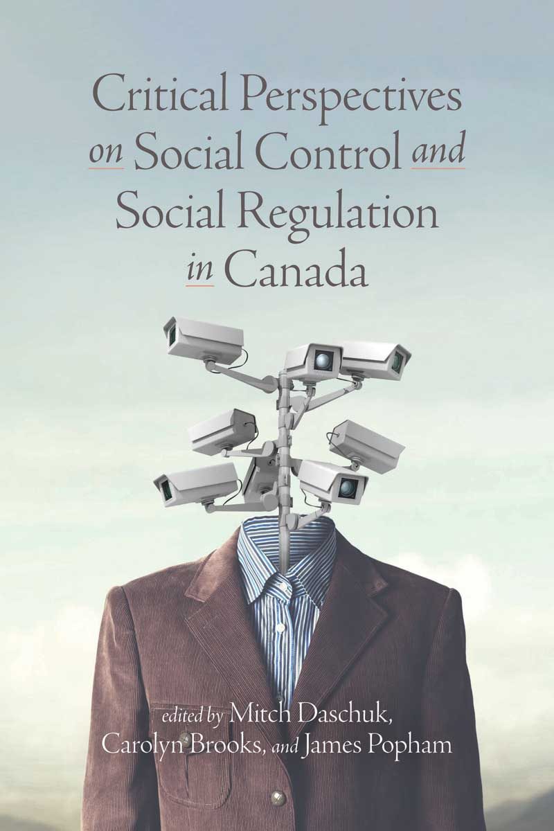 Book cover featuring a figure in business attire with surveillance cameras replacing their head against a cloudy sky background.
