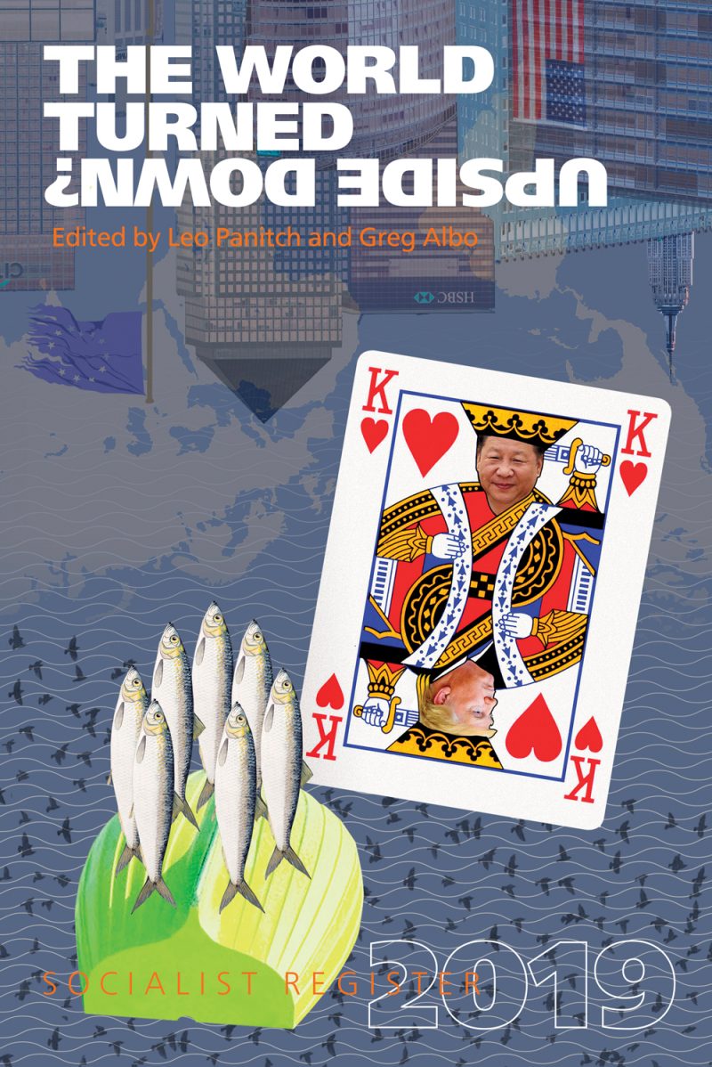 Book cover titled "The World Turned Upside Down" featuring a playing card, fish, and urban cityscape background.
