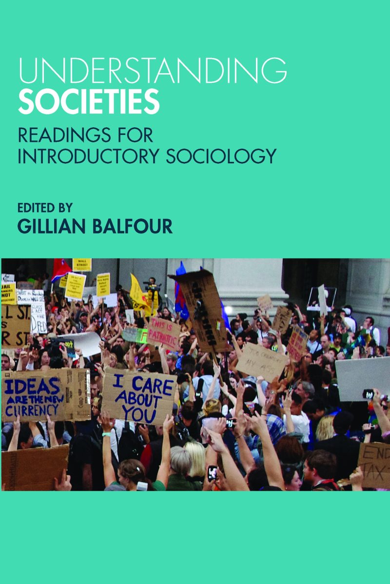 Book cover for "Understanding Societies" edited by Gillian Balfour, featuring a large protest crowd holding signs including "I Care About You."