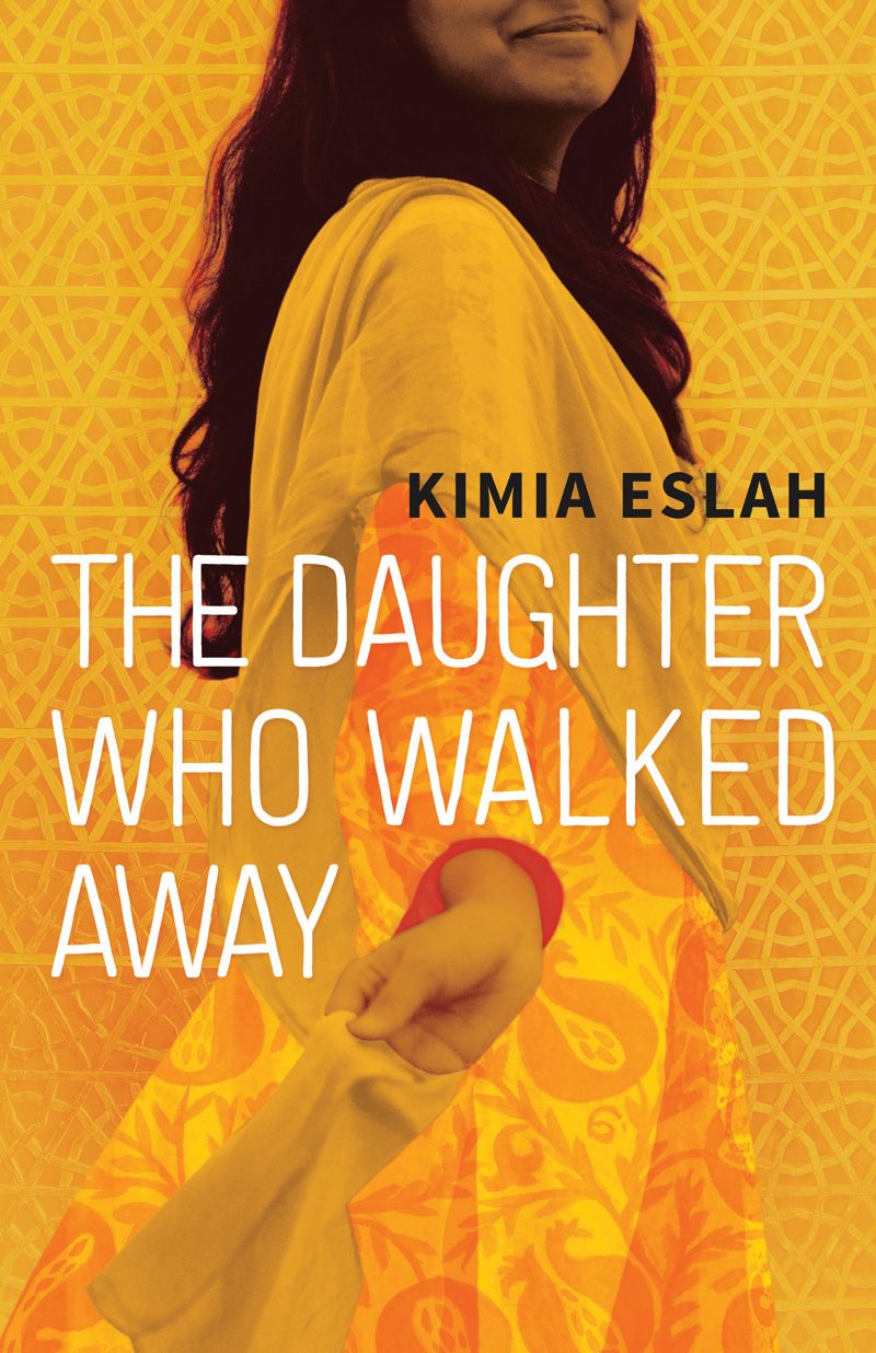 Book cover for "The Daughter Who Walked Away" by Kimia Eslah featuring a person in yellow clothing against a geometric patterned yellow background.