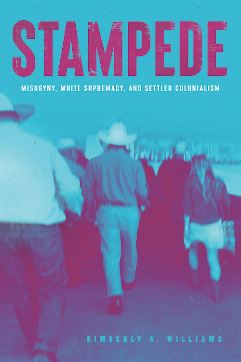 Book cover for "Stampede" by Kimberly A. Williams featuring pink text on blue background with blurred crowd of people.