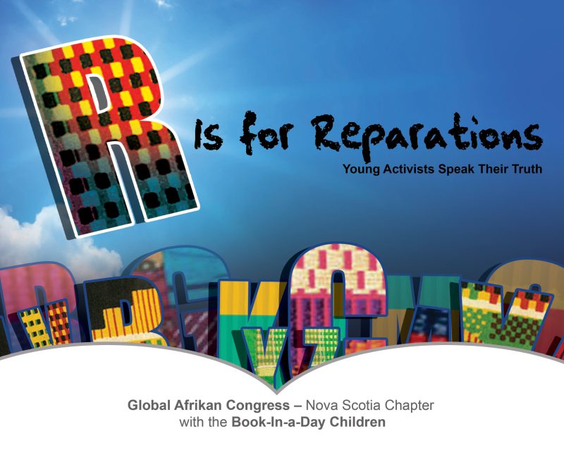 Colorful book cover with large letter "R" and text "R is for Reparations: Young Activists Speak Their Truth" against blue sky background.