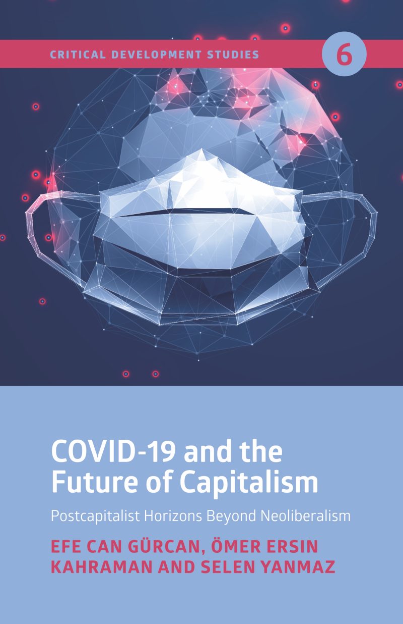 Book cover featuring an abstract geometric face in blue and pink tones with networked nodes, titled "COVID-19 and the Future of Capitalism."