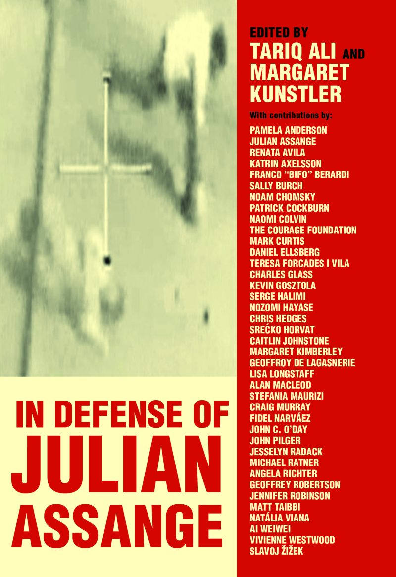 Book cover for "In Defense of Julian Assange" edited by Tariq Ali and Margaret Kunstler, featuring a list of contributors on a red background.