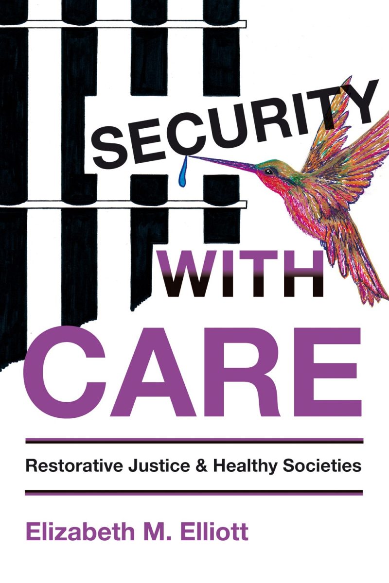 Book cover for "Security with Care" by Elizabeth M. Elliott featuring a colorful hummingbird and striped background design.