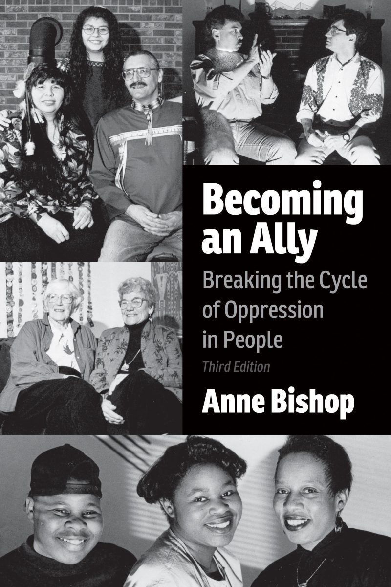 Book cover for "Becoming an Ally" by Anne Bishop showing five black and white photographs of diverse groups of people from different eras.