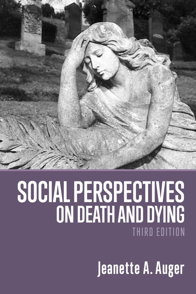 Stone angel statue in cemetery with headstones in background, book cover for "Social Perspectives on Death and Dying" by Jeanette A. Auger.