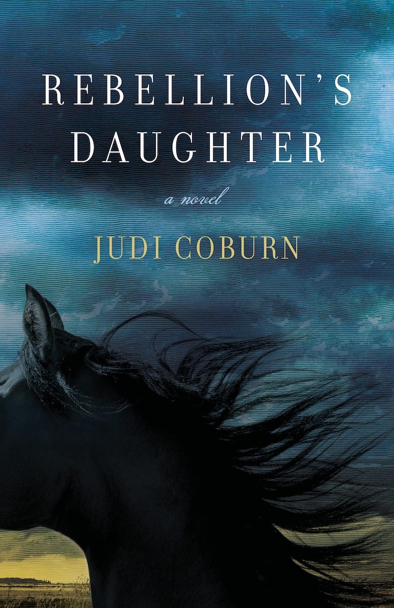 Book cover for "Rebellion's Daughter" by Judi Coburn featuring a black horse with flowing mane against a turquoise sky.