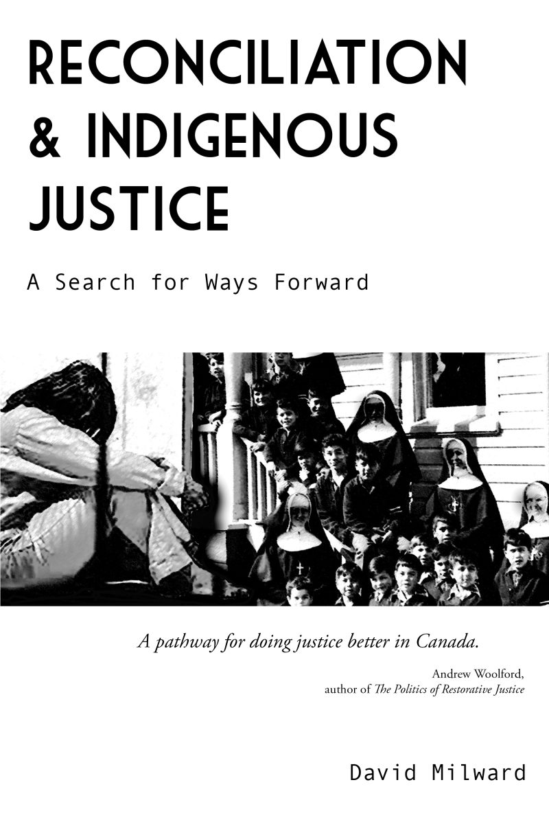 Book cover titled "Reconciliation & Indigenous Justice" with black and white historical photograph showing Indigenous people and religious figures.